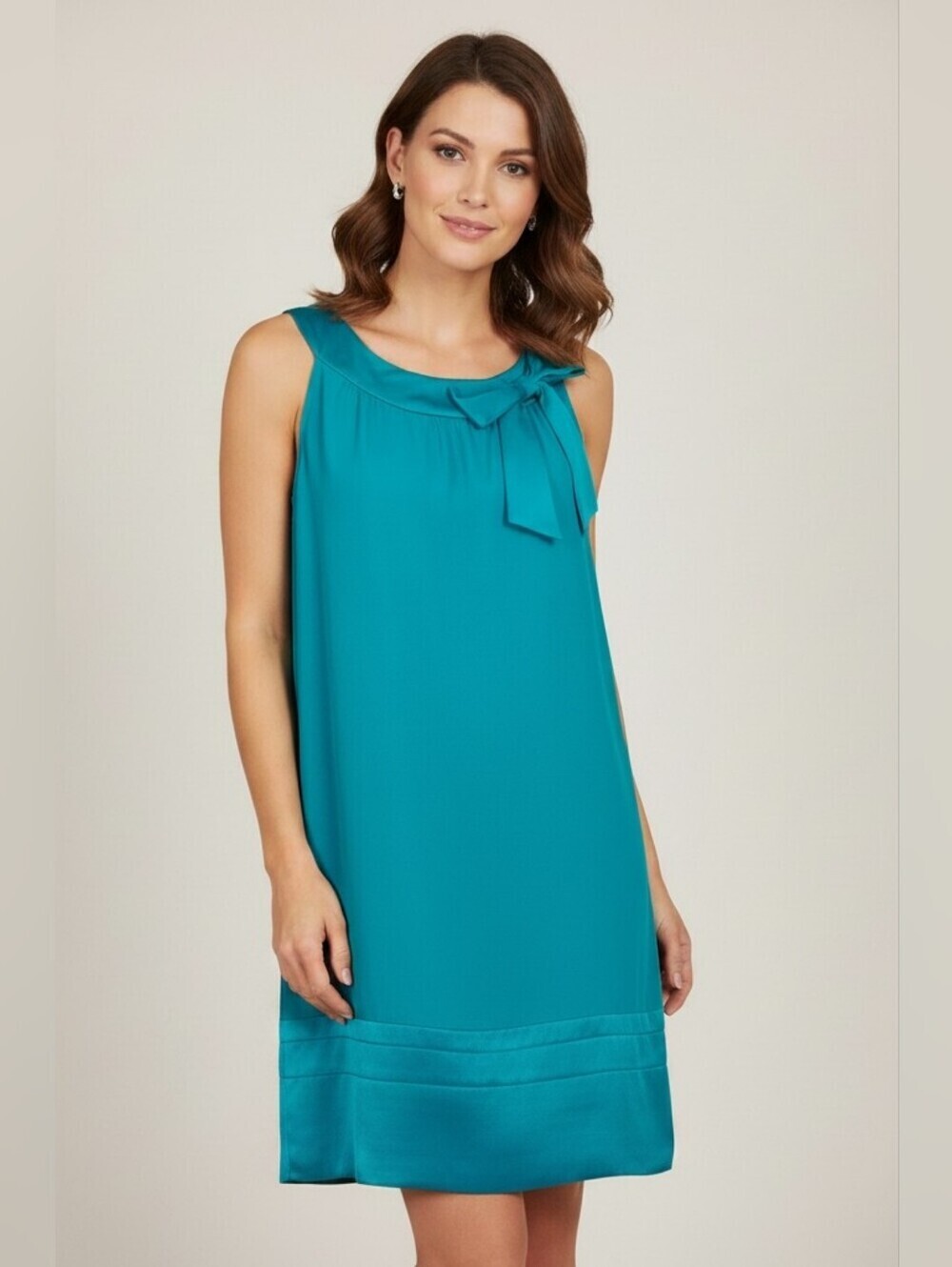 H&M Teal Sleeveless Shift Dress with Bow Detailed Neckline Size 12